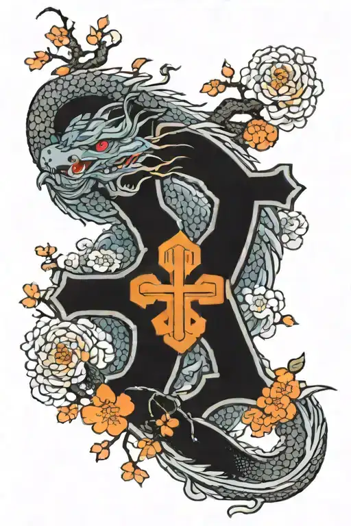 Japanese dragon with orange cherry blossoms and and a cross tattoo design idea