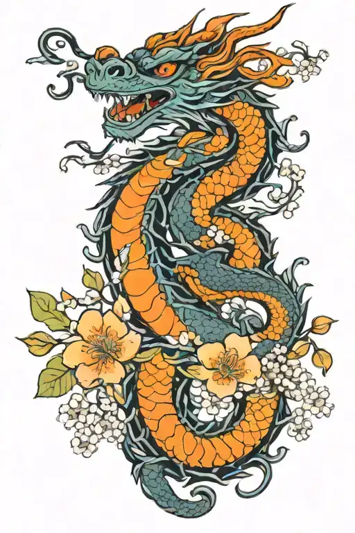 Orthodox Christianity dragon cross orange cherry blossoms  tattoo design idea