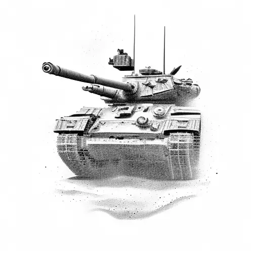 A tattoo of a tank driving through a battlefield made up of album covers from 80s and 90s rock bands tattoo design idea