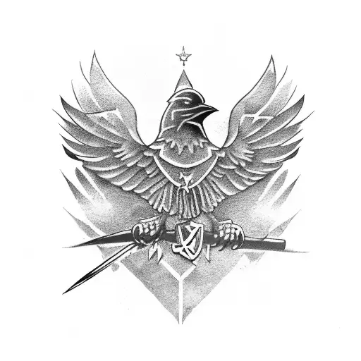 A tattoo of a crow wearing a military uniform and holding a flag with the Assassin's Creed logo, with a background of a college campus tattoo design idea