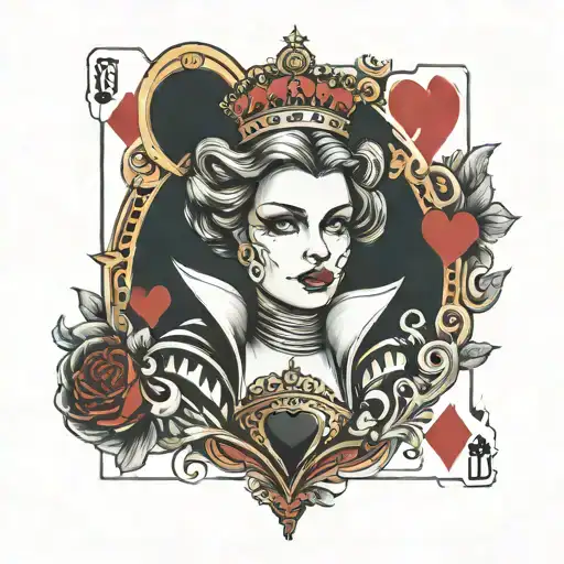 queen of hearts playing card with woman inside tattoo design idea