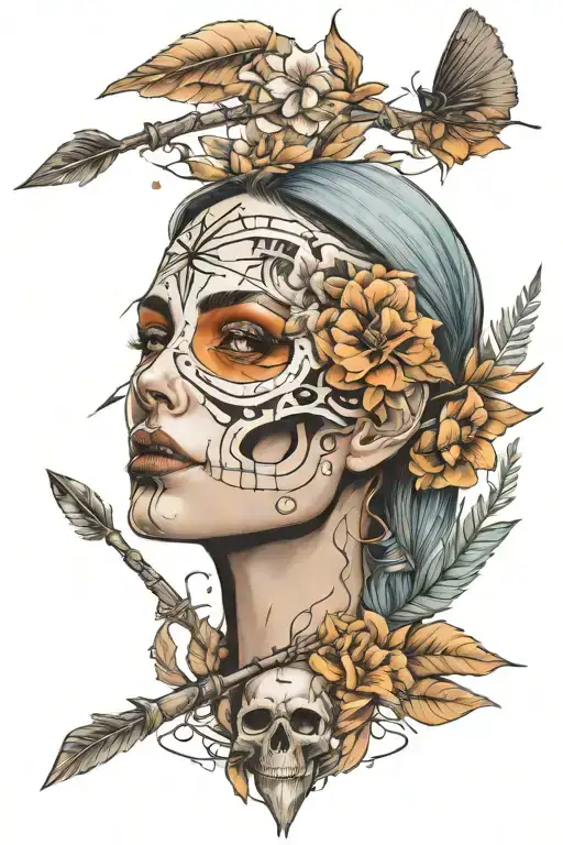 half skull half alive arrows in eyes woman tattoo design idea