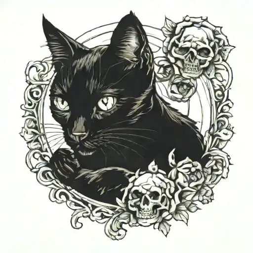 Blackwork tattoo of a black cat clutching a skull tattoo design idea
