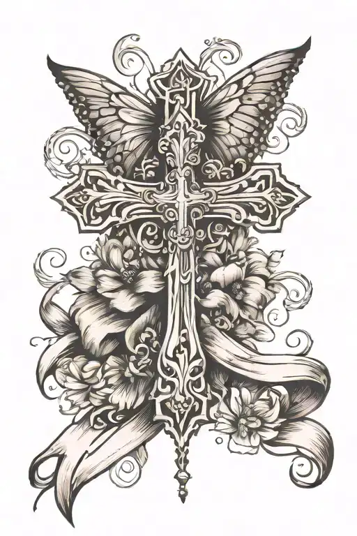 straight edged large cross with a butterfly, semicolon, and ribbon tattoo design idea