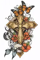 big cross with a butterfly, semicolon, and ribbon  tattoo design idea