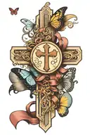 big cross with a butterfly, semicolon, and ribbon  tattoo design idea