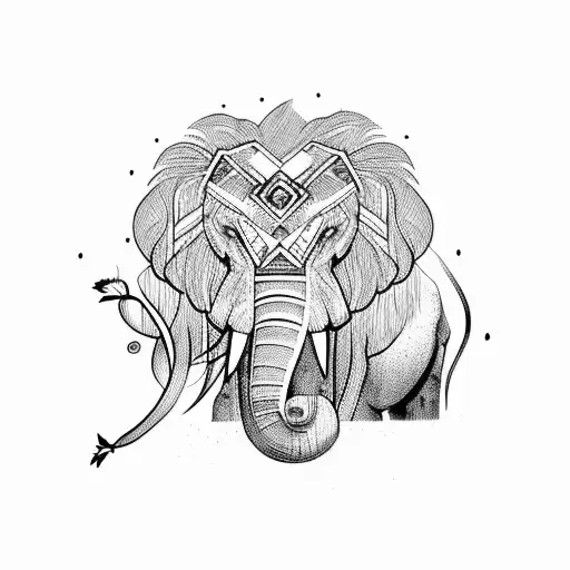 half Elephant an half lion in lines tattoo design idea