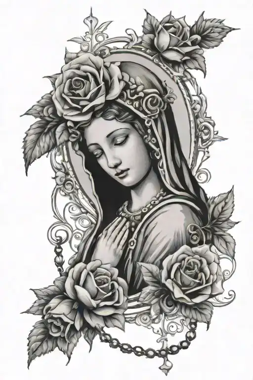 virgen Mary with roses and rosary beads black and gray, medium size on arm, for women tattoo design idea
