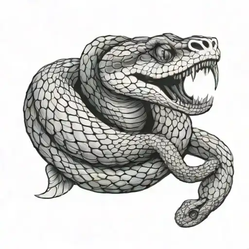 snake wrapped on arm with its mouth open on hands tattoo design idea