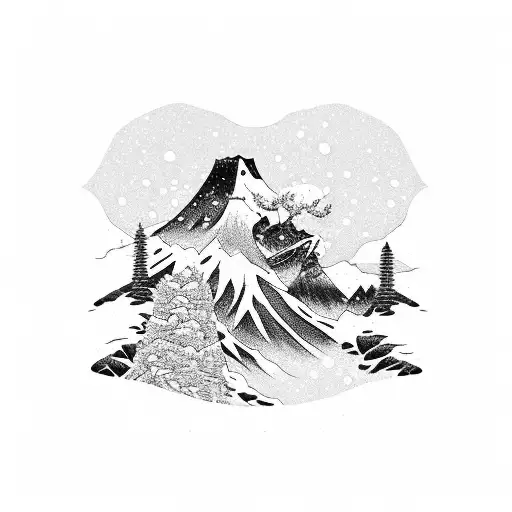 Snowboarding in a Japanese snowscape tattoo design idea