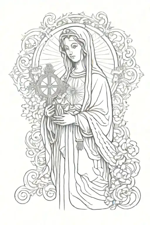 watch and virgin mary holding a cross  tattoo design idea