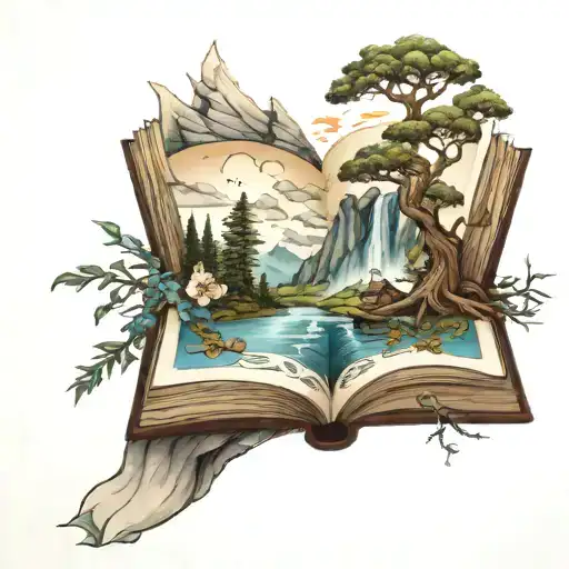 book that opens to fantasy landscape tattoo design idea