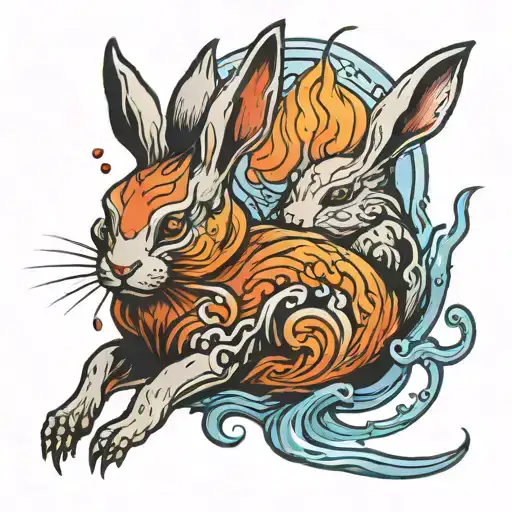 fire rabbit with water rabbit reflection in the water tattoo design idea