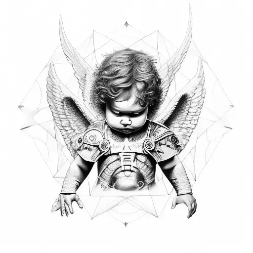 niño angel estilo pintura de Vangelis, saliendo de portal dimensional de forma triangular tattoo design idea