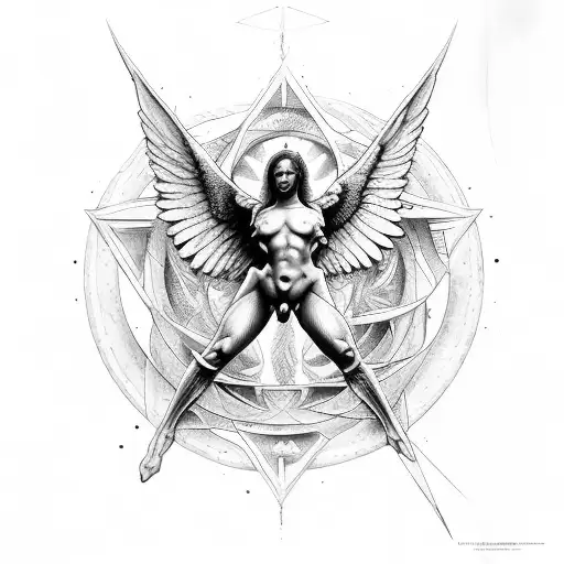 niño angel de cuerpo entero desnudo estilo pintura de Vangelis, saliendo de portal dimensional de forma triangular tattoo design idea