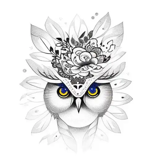 woman's face with an owl head-dress surrounded by butterflies and flowers and mandalas tattoo design idea