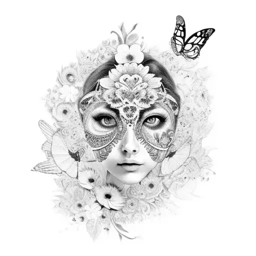 woman's face with an owl head-dress surrounded by butterflies and flowers and mandalas tattoo design idea