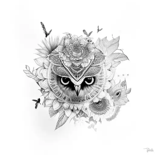 woman's face with an owl head-dress surrounded by butterflies and flowers and mandalas tattoo design idea