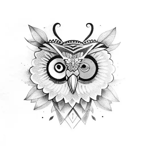 woman with an owl head-dress surrounded by butterflies and flowers and mandalas tattoo design idea