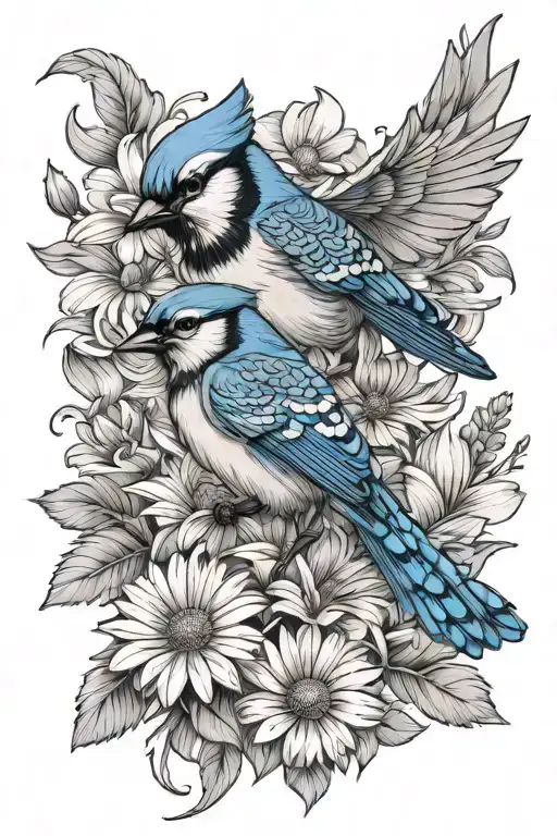 flowers daisy with blue jay bird flying tattoo design idea