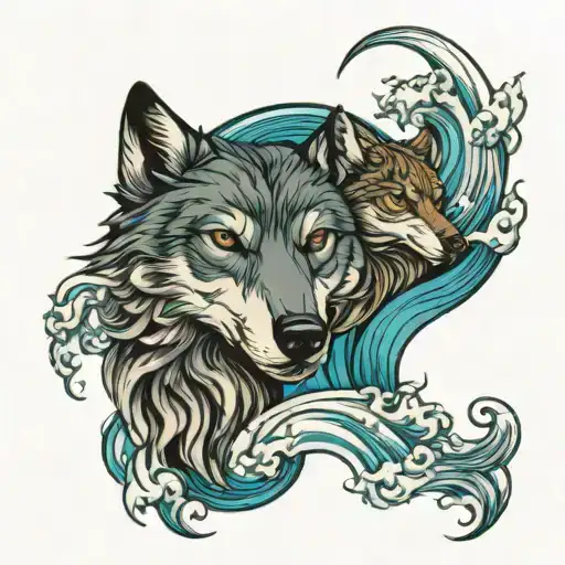 yin Yang wolf ocean waves tattoo design idea