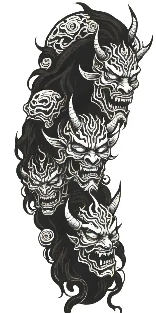 flows together, mist demon, oni mask tattoo design idea