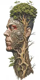 tree with scaled bark, regal faces blending within, blood sap tattoo design idea