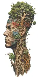 tree with scaled bark, regal faces blending within, blood sap tattoo design idea