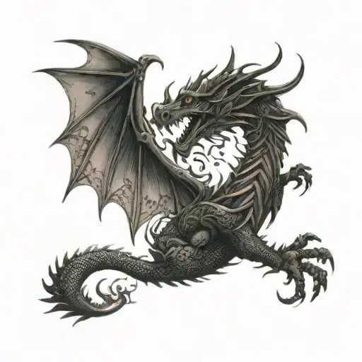 An intricate tattoo depicting the story of the Welsh dragon battling against a Norse serpent, incorporating symbols from both cultures tattoo design idea