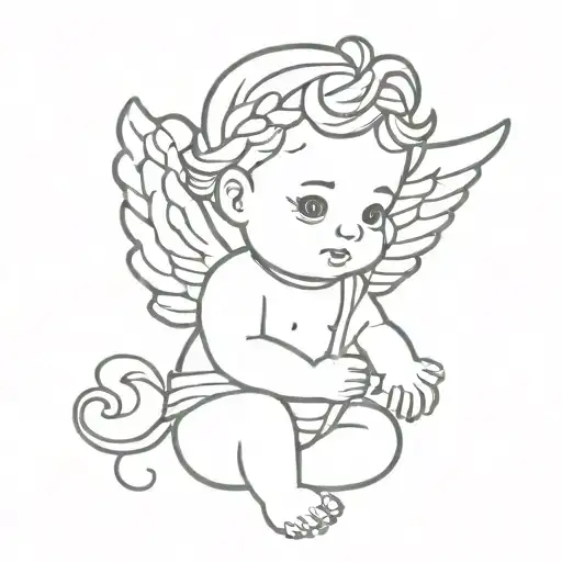 simple baby Cupid with braids in oversized T-shirt  tattoo design idea