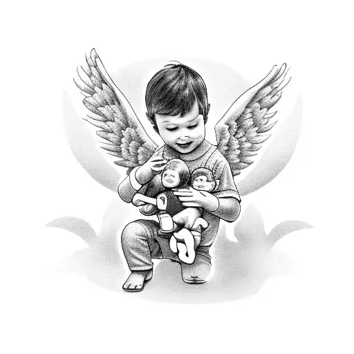 rear view little boy with angel wings holding toy truck in right hand and his moms hand with his left hand  tattoo design idea