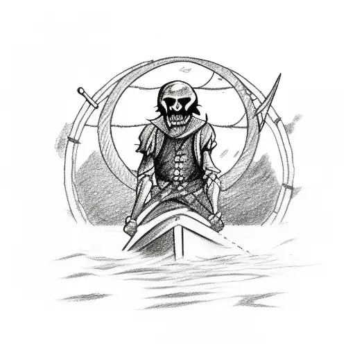 simple drawing of the charon boatman from hades, on top of the boat rowing in the river, without a face, with a medieval tattoo design idea