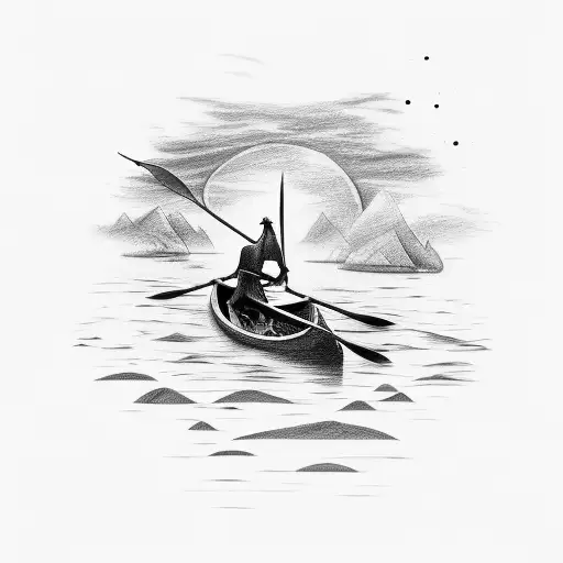 simple drawing of the charon boatman from hades, on top of the boat rowing in the river, without a face, with a medieval tattoo design idea
