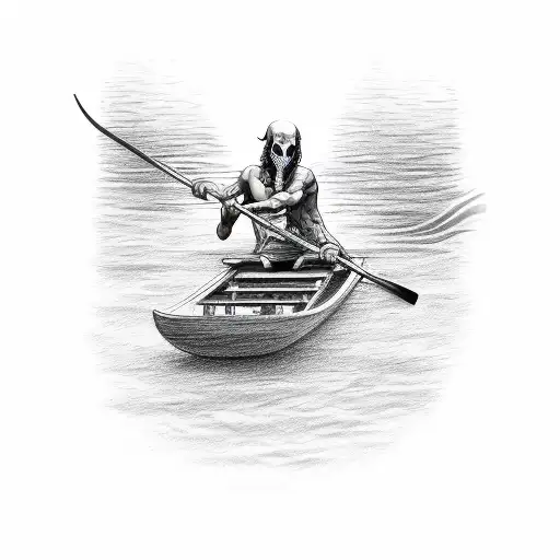 simple drawing of the charon boatman from hades, on top of the boat rowing in the river, without a face, with a medieval tattoo design idea