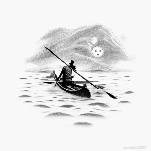 simple drawing of the charon boatman from hades, on top of the boat rowing in the river, without a face, with a medieval tattoo design idea