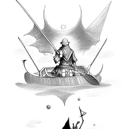 simple drawing of the charon boatman from hades, on top of the boat rowing in the river, without a face, with a medieval tattoo design idea