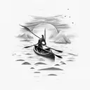 simple drawing of the charon boatman from hades, on top of the boat rowing in the river, without a face, with a medieval tattoo design idea