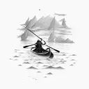 simple drawing of the charon boatman from hades, on top of the boat rowing in the river, without a face, with a medieval tattoo design idea