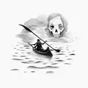 simple drawing of the charon boatman from hades, on top of the boat rowing in the river, without a face, with a medieval tattoo design idea