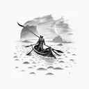 simple drawing of the charon boatman from hades, on top of the boat rowing in the river, without a face, with a medieval tattoo design idea