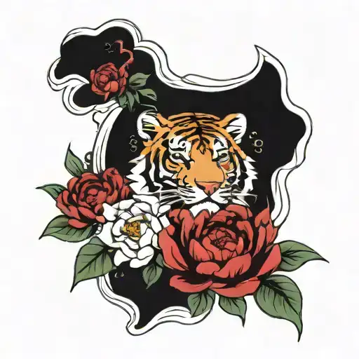 Peony flowers, water waves and tiger tattoo design idea