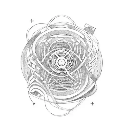 A sketch-style tattoo of a retro cassette tape intertwined with a winding road and computer code tattoo design idea