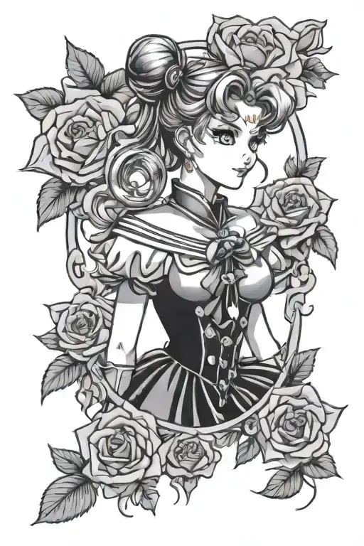 sailor moon surrounded by roses tattoo design idea