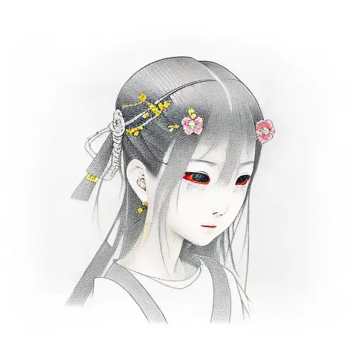 I want a tattoo of an traditional young Japanese  girl. who isn't crying but you see pain in her eyes.  tattoo design idea