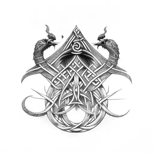 Norse Mythology Tribal with Ravens, Jörmungandr, and yggdrasil tattoo design idea