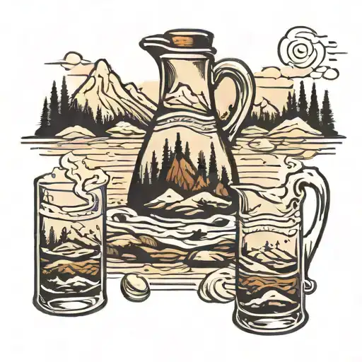 river, mountain, jug, fernet tattoo design idea