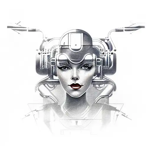 A portrait of a 1950s-style female cyborg with retro fashion and futuristic enhancements tattoo design idea