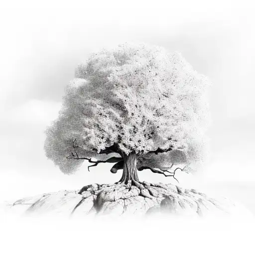 robust oak tree rooted in rocky terrain tattoo design idea