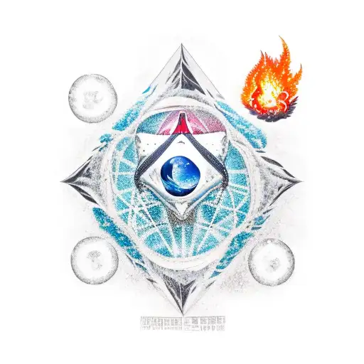 A snowboarder surrounded by the four elements (earth, air, fire, water) tattoo design idea