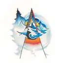A snowboarder surrounded by the four elements (earth, air, fire, water) tattoo design idea